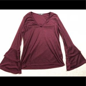 Boohoo burgundy tiered bell sleeve top